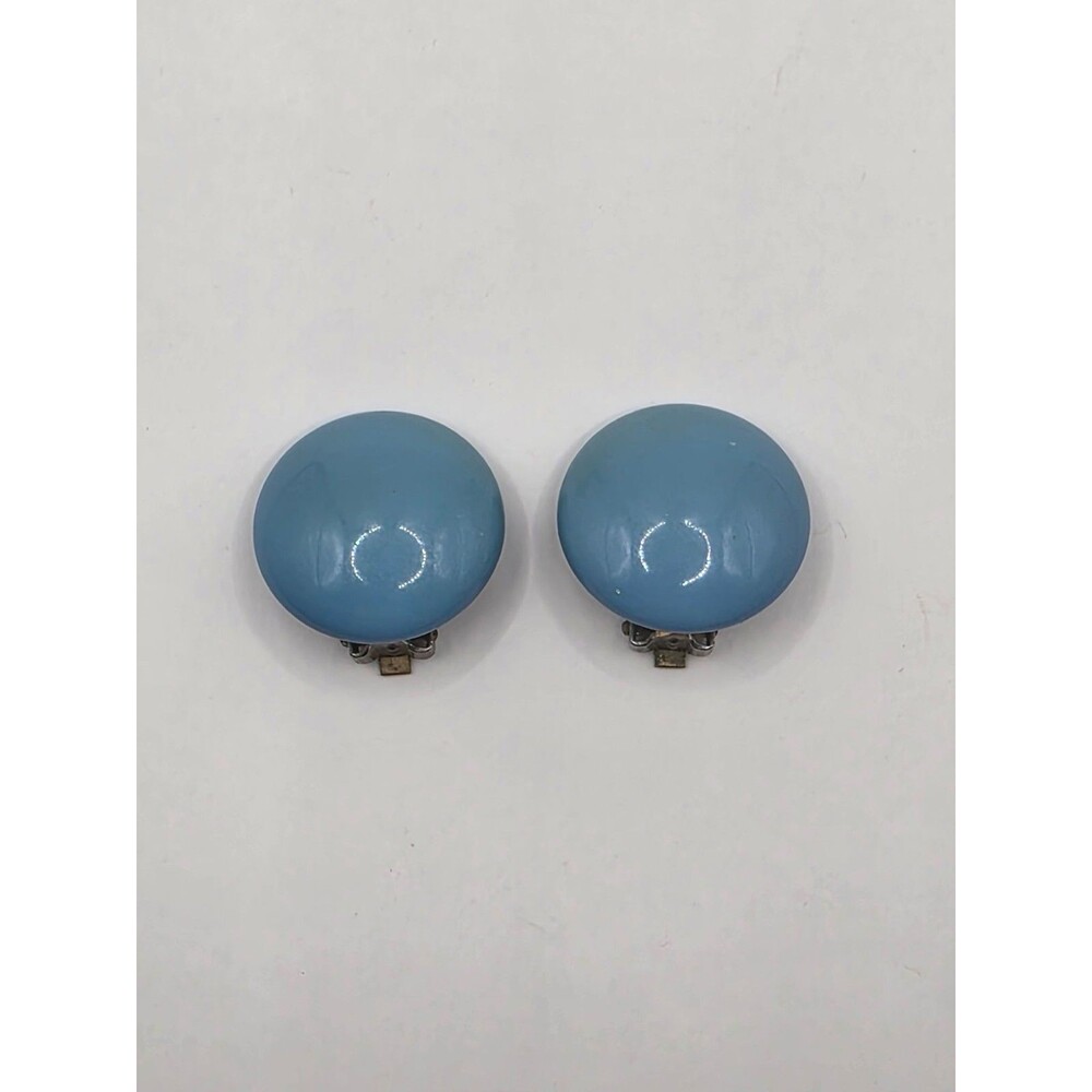 Vintage Blue Button Clip-On Earrings W/Copper Clips 1"